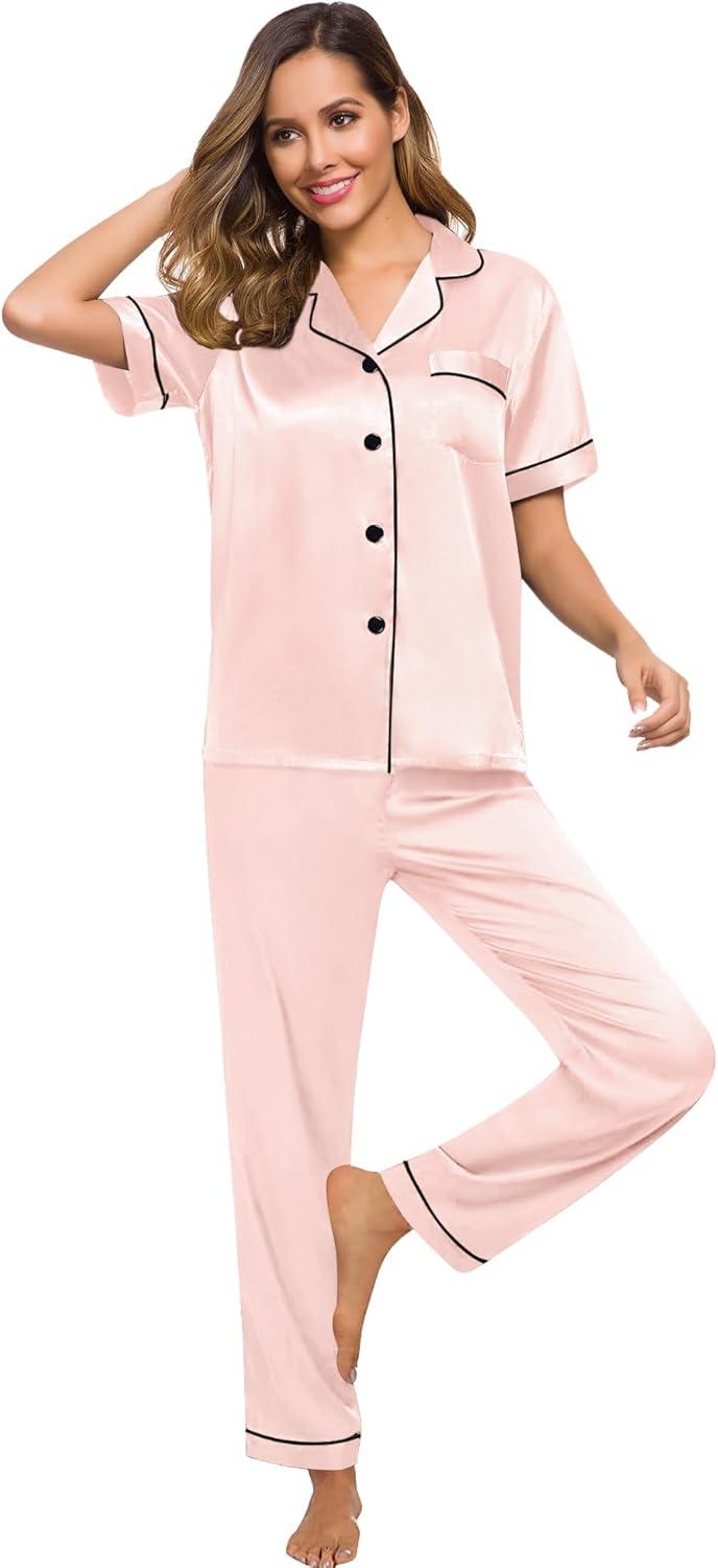 imageSWOMOG Women Satin Pajamas Set Short Sleeve Top amp Pants Sleepwear Silky Button Down Nightwear 2pcs Loungewear Pjs SetBlush Pink