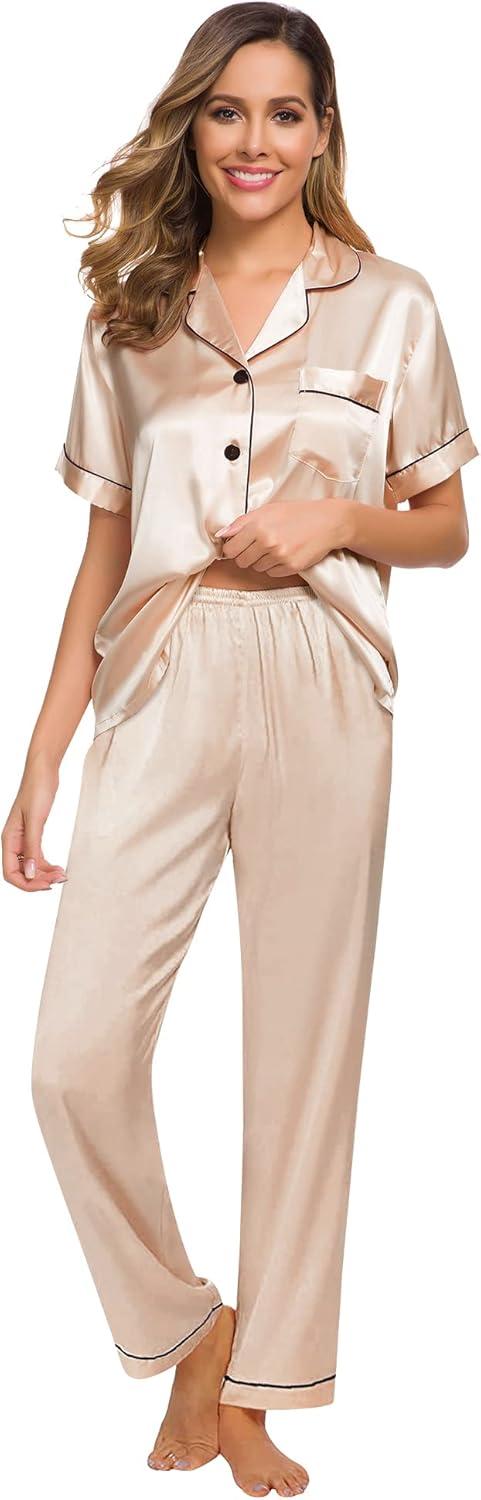imageSWOMOG Women Satin Pajamas Set Short Sleeve Top amp Pants Sleepwear Silky Button Down Nightwear 2pcs Loungewear Pjs SetChampagne