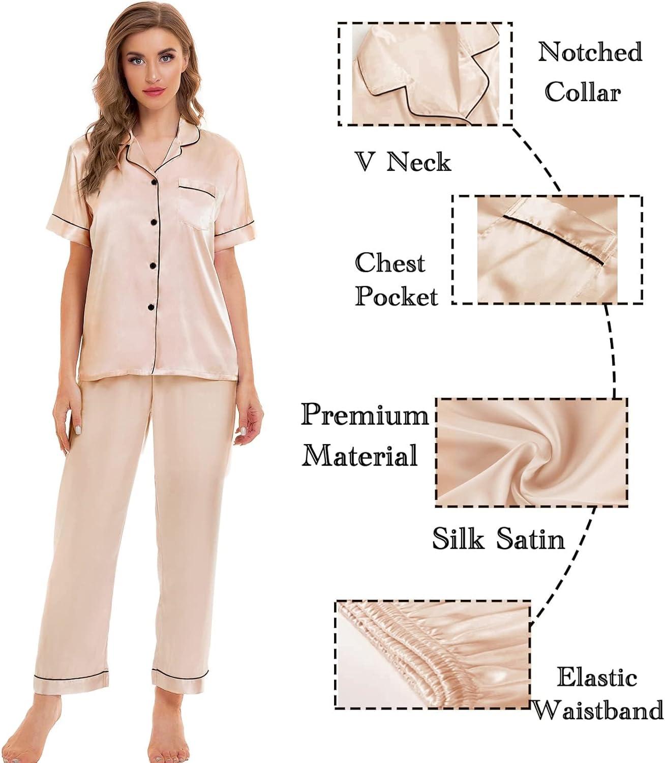 imageSWOMOG Women Satin Pajamas Set Short Sleeve Top amp Pants Sleepwear Silky Button Down Nightwear 2pcs Loungewear Pjs SetChampagne