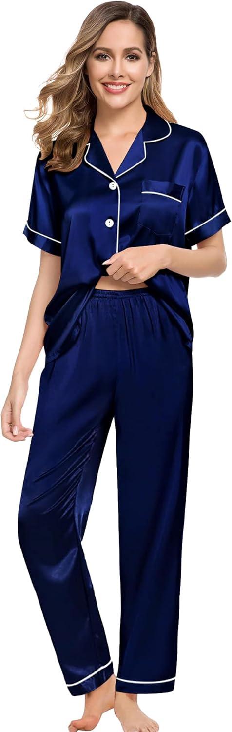 imageSWOMOG Women Satin Pajamas Set Short Sleeve Top amp Pants Sleepwear Silky Button Down Nightwear 2pcs Loungewear Pjs SetDeep Navy Blue