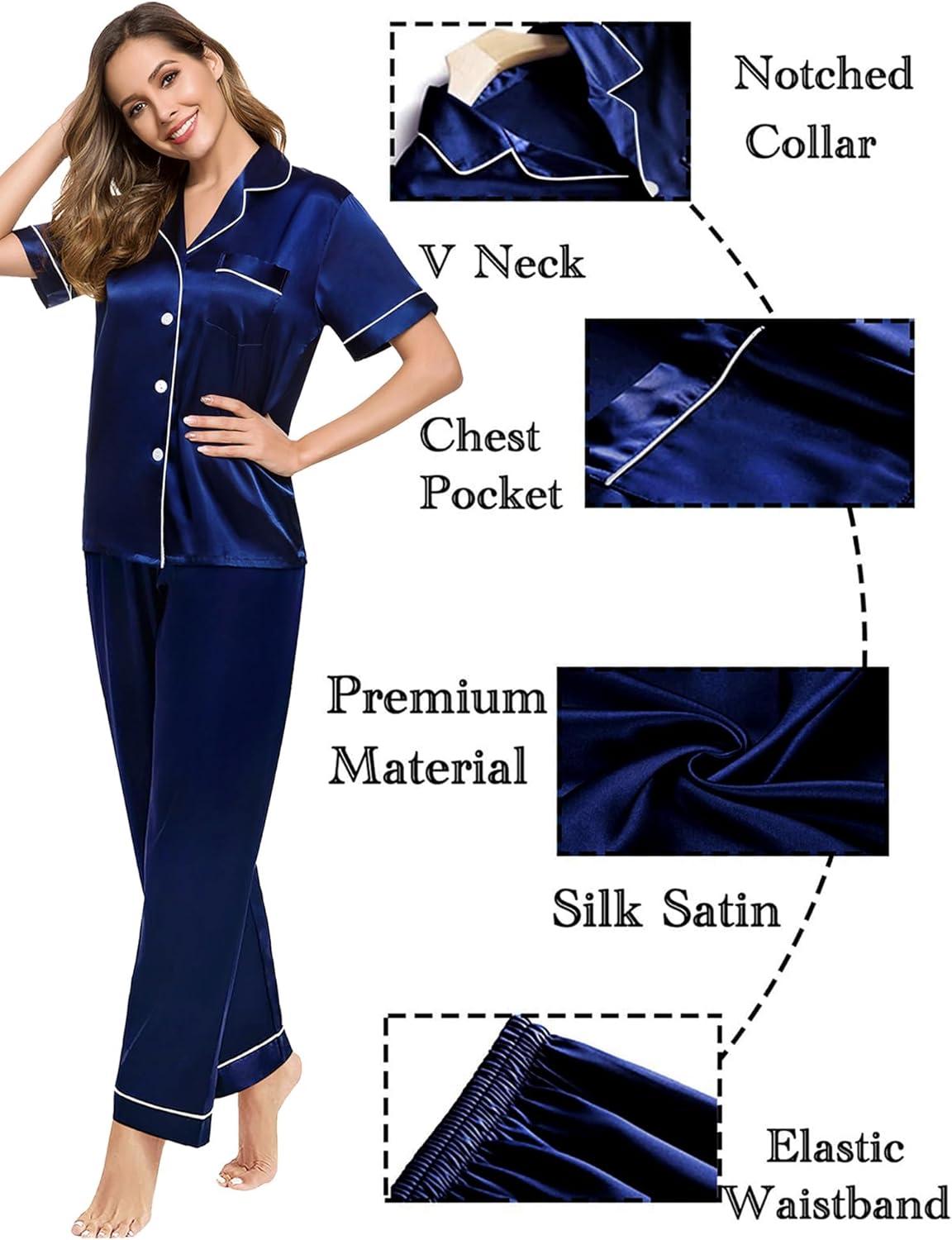 imageSWOMOG Women Satin Pajamas Set Short Sleeve Top amp Pants Sleepwear Silky Button Down Nightwear 2pcs Loungewear Pjs SetDeep Navy Blue