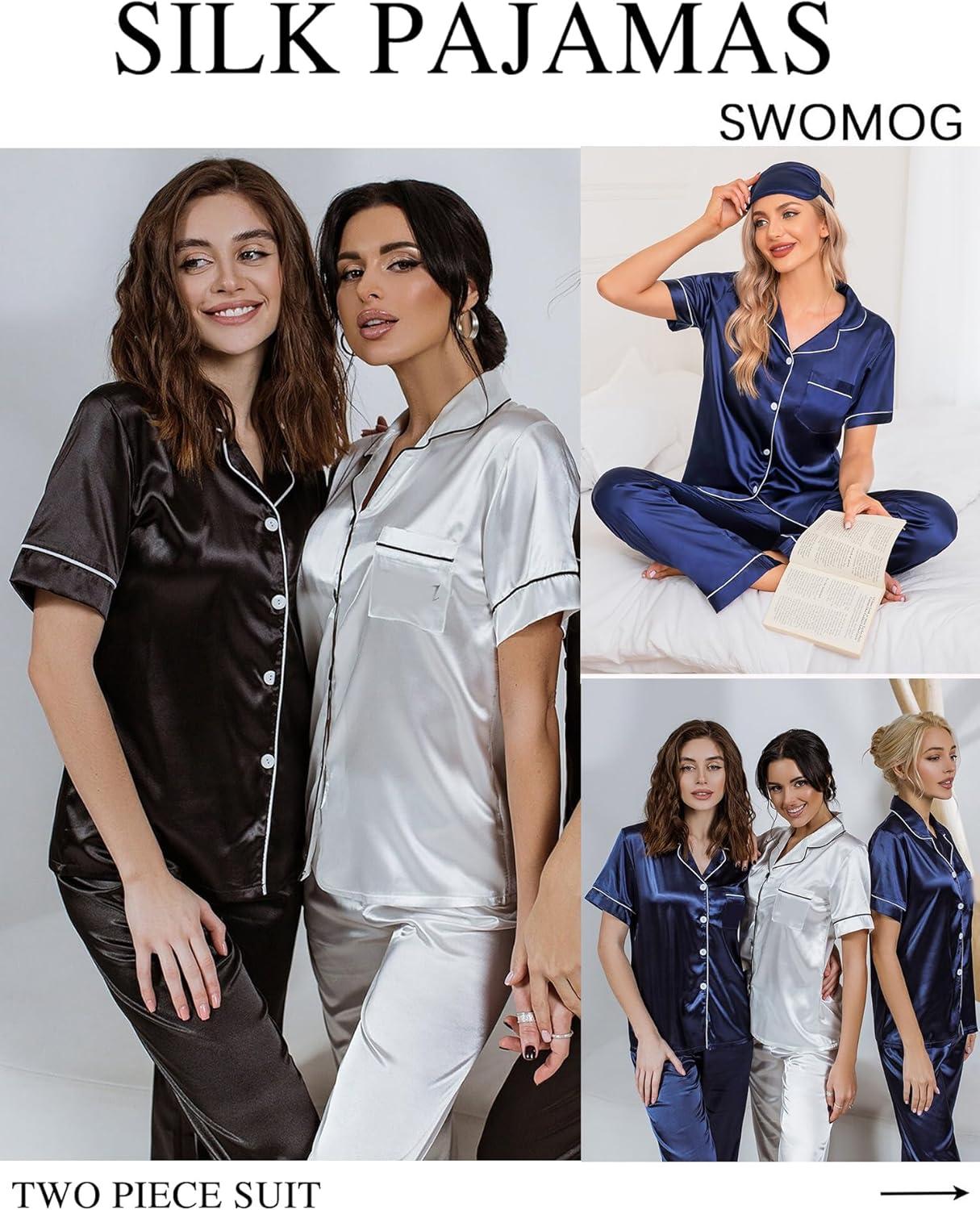 imageSWOMOG Women Satin Pajamas Set Short Sleeve Top amp Pants Sleepwear Silky Button Down Nightwear 2pcs Loungewear Pjs SetDeep Navy Blue