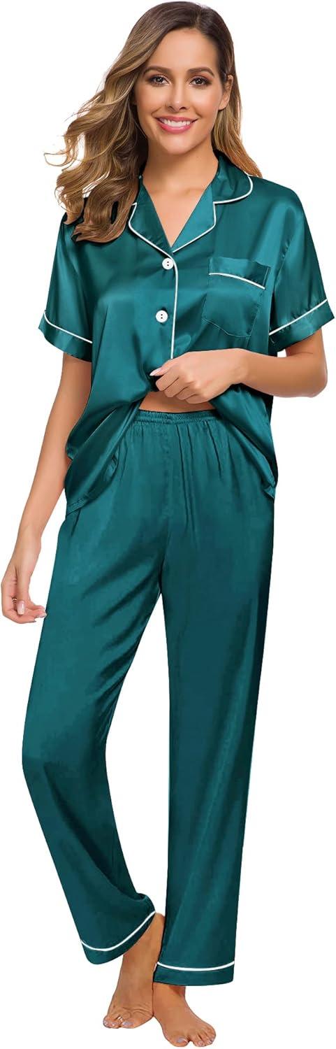 imageSWOMOG Women Satin Pajamas Set Short Sleeve Top amp Pants Sleepwear Silky Button Down Nightwear 2pcs Loungewear Pjs SetGreen