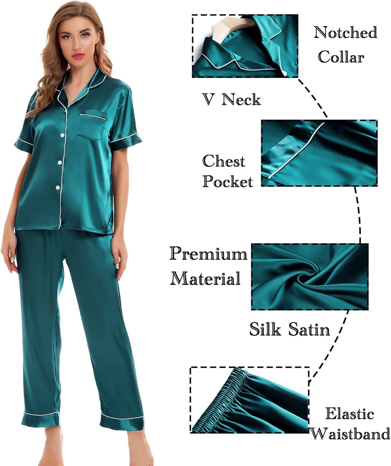imageSWOMOG Women Satin Pajamas Set Short Sleeve Top amp Pants Sleepwear Silky Button Down Nightwear 2pcs Loungewear Pjs SetGreen