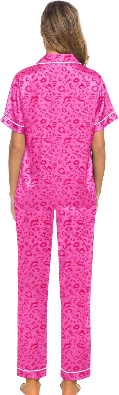 imageSWOMOG Women Satin Pajamas Set Short Sleeve Top amp Pants Sleepwear Silky Button Down Nightwear 2pcs Loungewear Pjs SetHot Pink Leopard