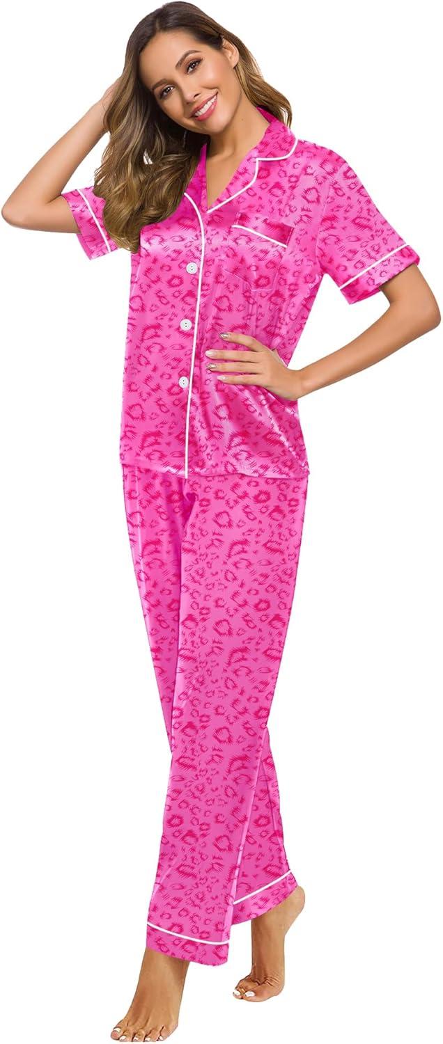 imageSWOMOG Women Satin Pajamas Set Short Sleeve Top amp Pants Sleepwear Silky Button Down Nightwear 2pcs Loungewear Pjs SetHot Pink Leopard