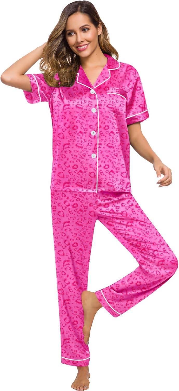 imageSWOMOG Women Satin Pajamas Set Short Sleeve Top amp Pants Sleepwear Silky Button Down Nightwear 2pcs Loungewear Pjs SetHot Pink Leopard
