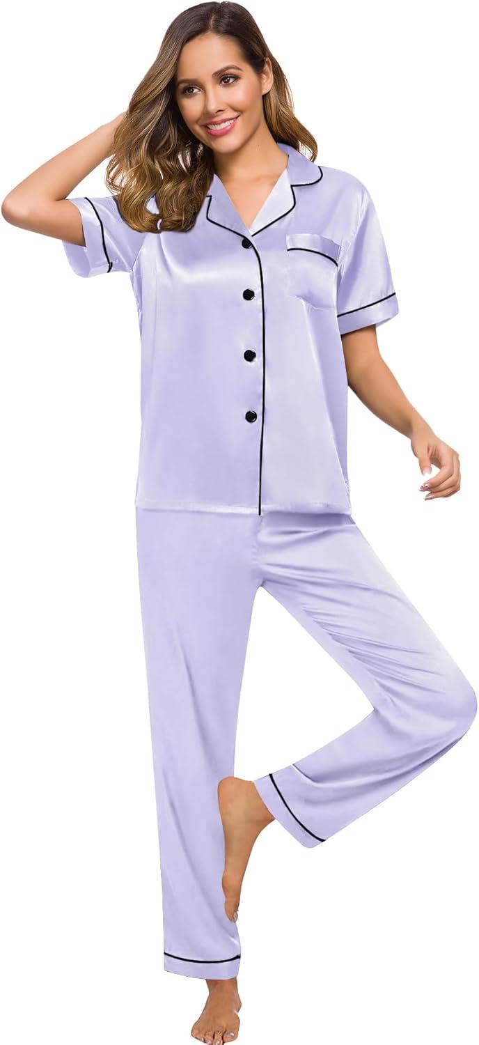 imageSWOMOG Women Satin Pajamas Set Short Sleeve Top amp Pants Sleepwear Silky Button Down Nightwear 2pcs Loungewear Pjs SetLavender