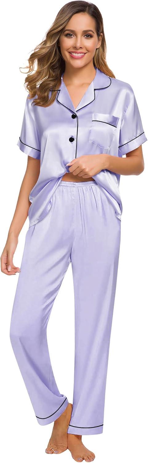 imageSWOMOG Women Satin Pajamas Set Short Sleeve Top amp Pants Sleepwear Silky Button Down Nightwear 2pcs Loungewear Pjs SetLavender