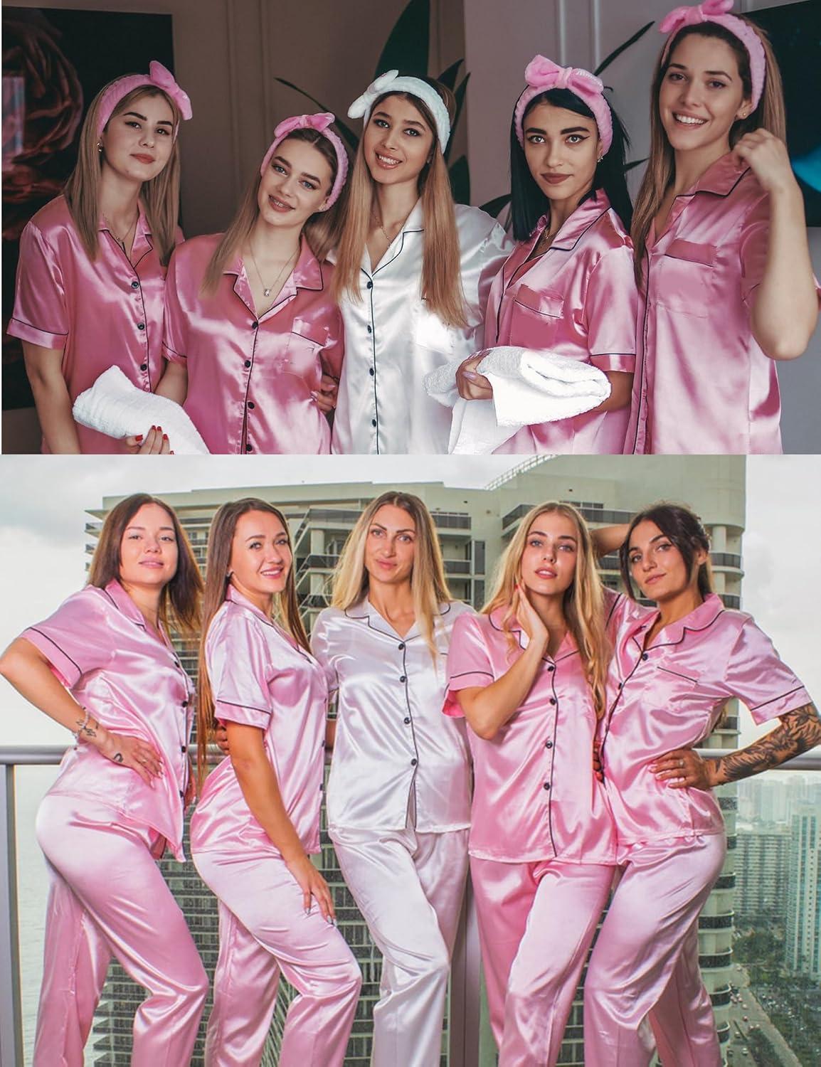 imageSWOMOG Women Satin Pajamas Set Short Sleeve Top amp Pants Sleepwear Silky Button Down Nightwear 2pcs Loungewear Pjs SetMisty Rose