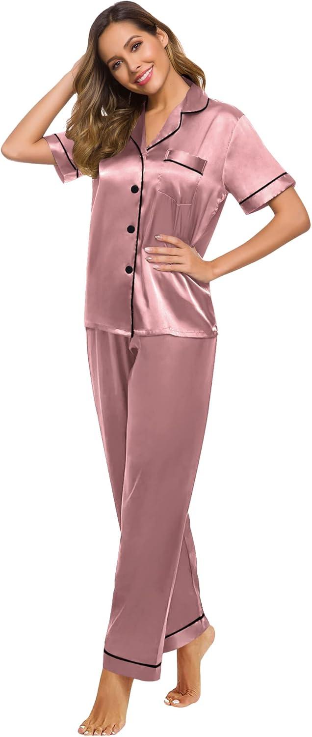 imageSWOMOG Women Satin Pajamas Set Short Sleeve Top amp Pants Sleepwear Silky Button Down Nightwear 2pcs Loungewear Pjs SetMisty Rose