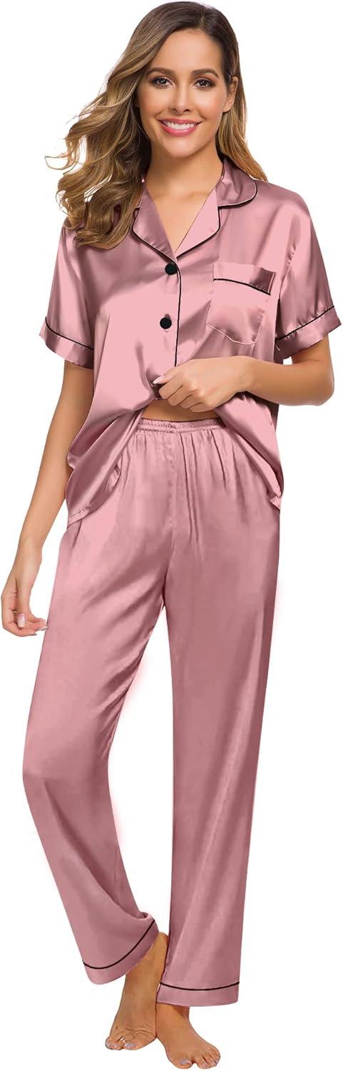 imageSWOMOG Women Satin Pajamas Set Short Sleeve Top amp Pants Sleepwear Silky Button Down Nightwear 2pcs Loungewear Pjs SetMisty Rose