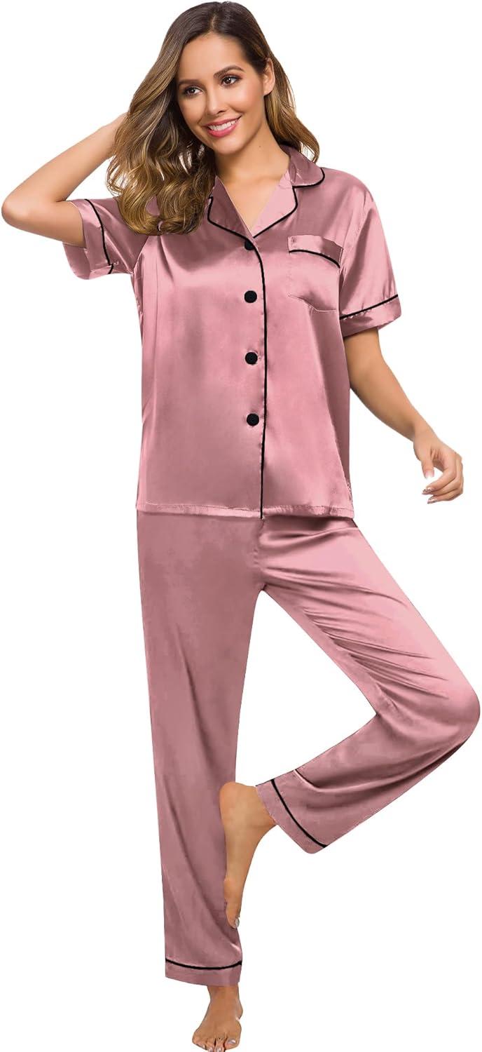 imageSWOMOG Women Satin Pajamas Set Short Sleeve Top amp Pants Sleepwear Silky Button Down Nightwear 2pcs Loungewear Pjs SetMisty Rose