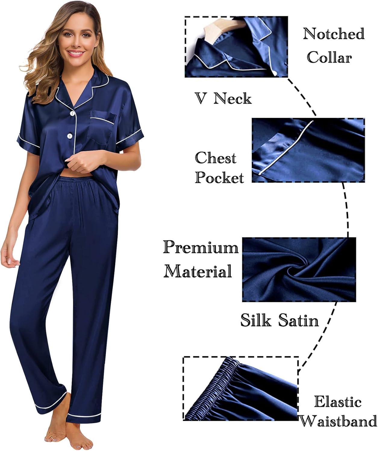 imageSWOMOG Women Satin Pajamas Set Short Sleeve Top amp Pants Sleepwear Silky Button Down Nightwear 2pcs Loungewear Pjs SetNavy Blue
