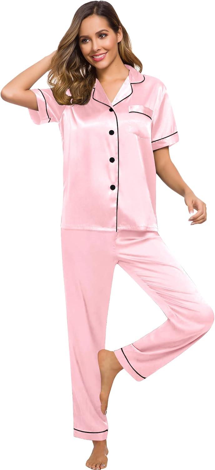 imageSWOMOG Women Satin Pajamas Set Short Sleeve Top amp Pants Sleepwear Silky Button Down Nightwear 2pcs Loungewear Pjs SetPink