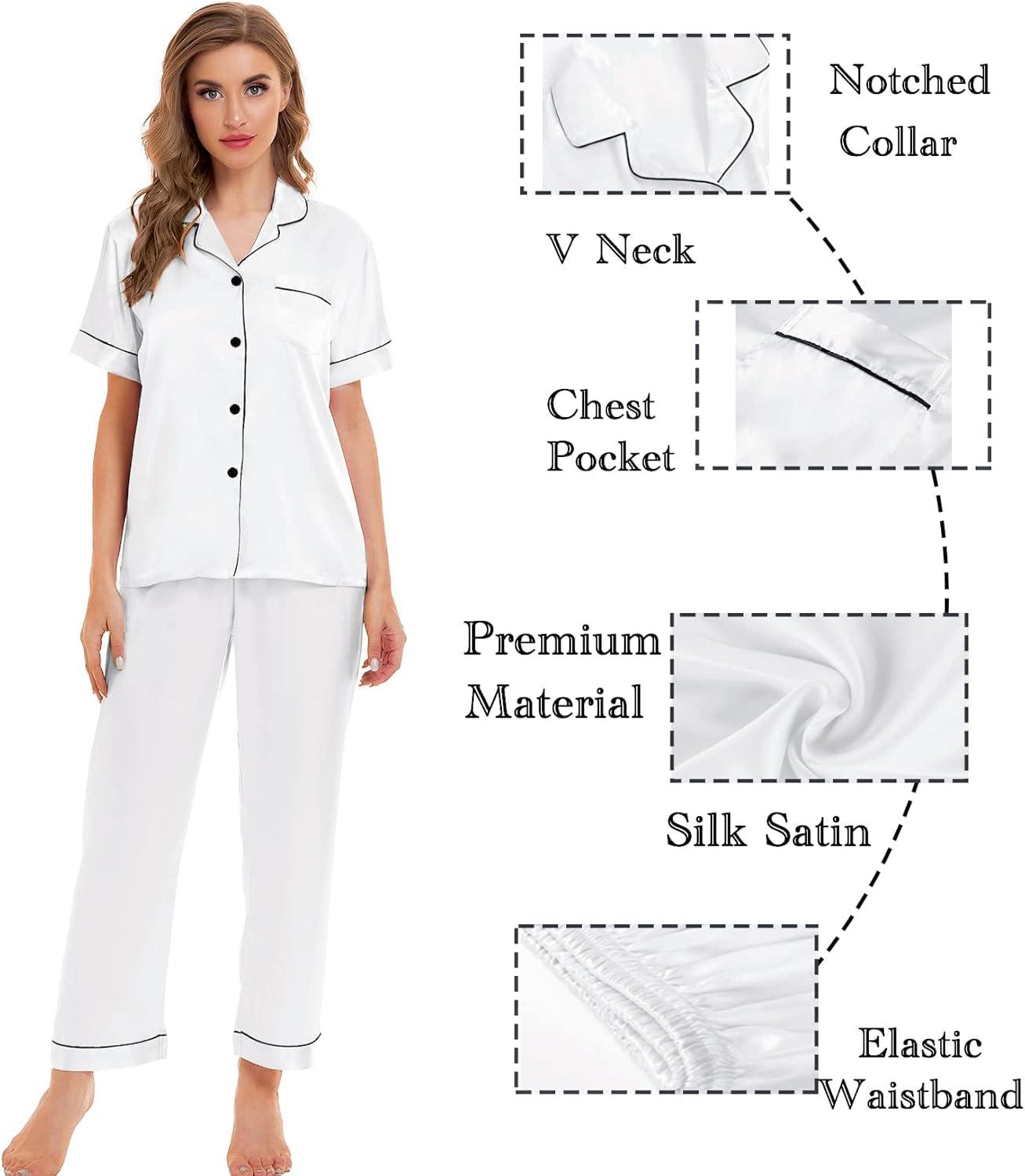 imageSWOMOG Women Satin Pajamas Set Short Sleeve Top amp Pants Sleepwear Silky Button Down Nightwear 2pcs Loungewear Pjs SetWhite