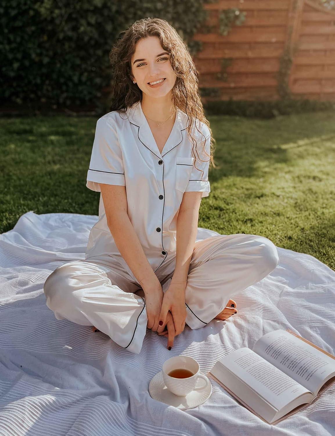 imageSWOMOG Women Satin Pajamas Set Short Sleeve Top amp Pants Sleepwear Silky Button Down Nightwear 2pcs Loungewear Pjs SetWhite