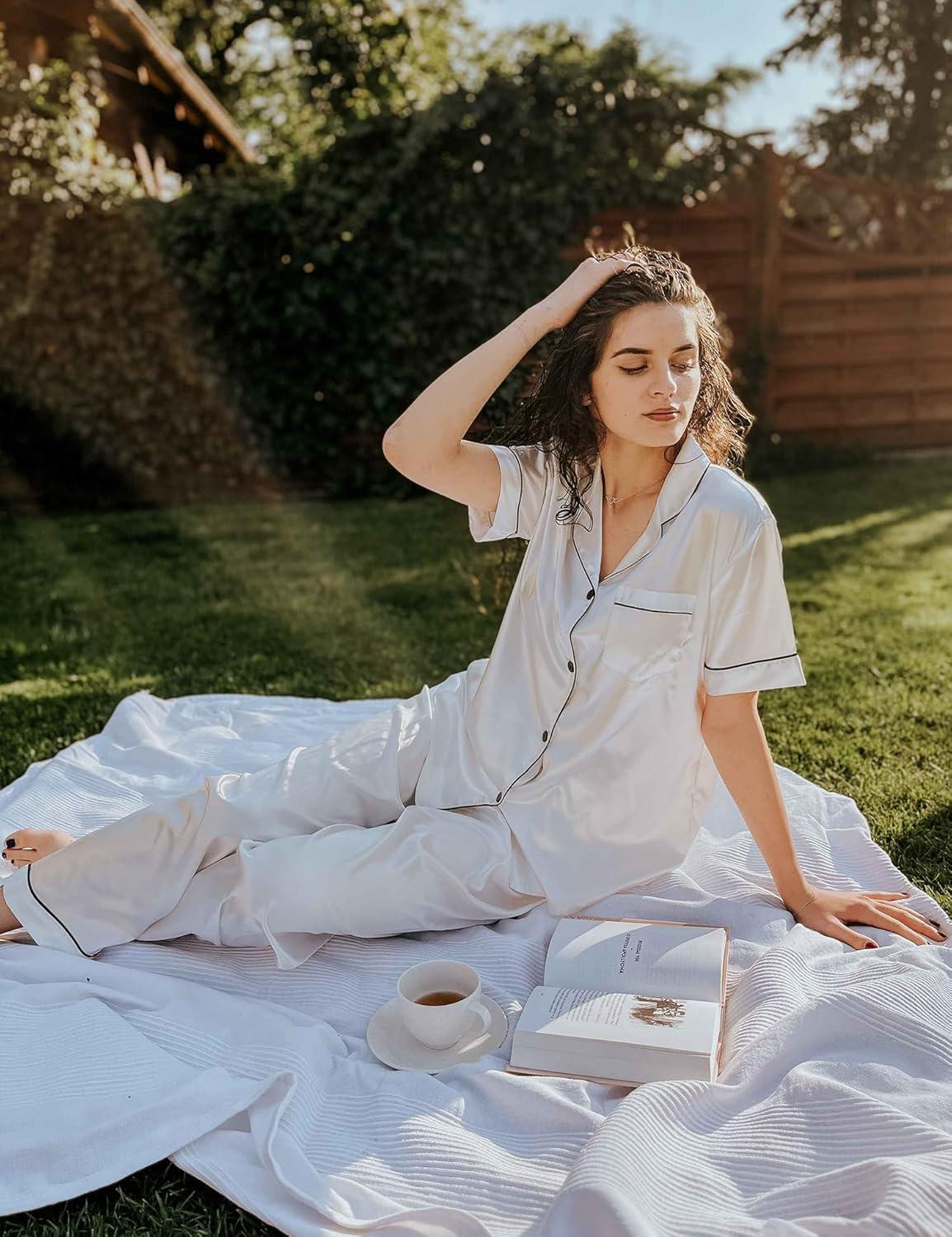 imageSWOMOG Women Satin Pajamas Set Short Sleeve Top amp Pants Sleepwear Silky Button Down Nightwear 2pcs Loungewear Pjs SetWhite