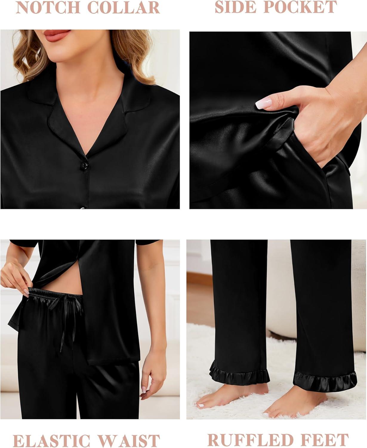 imageSWOMOG Women Satin Pajamas Set Short Sleeve Top amp Pants Sleepwear Silky Button Down Nightwear 2pcs Loungewear Pjs SetZblack