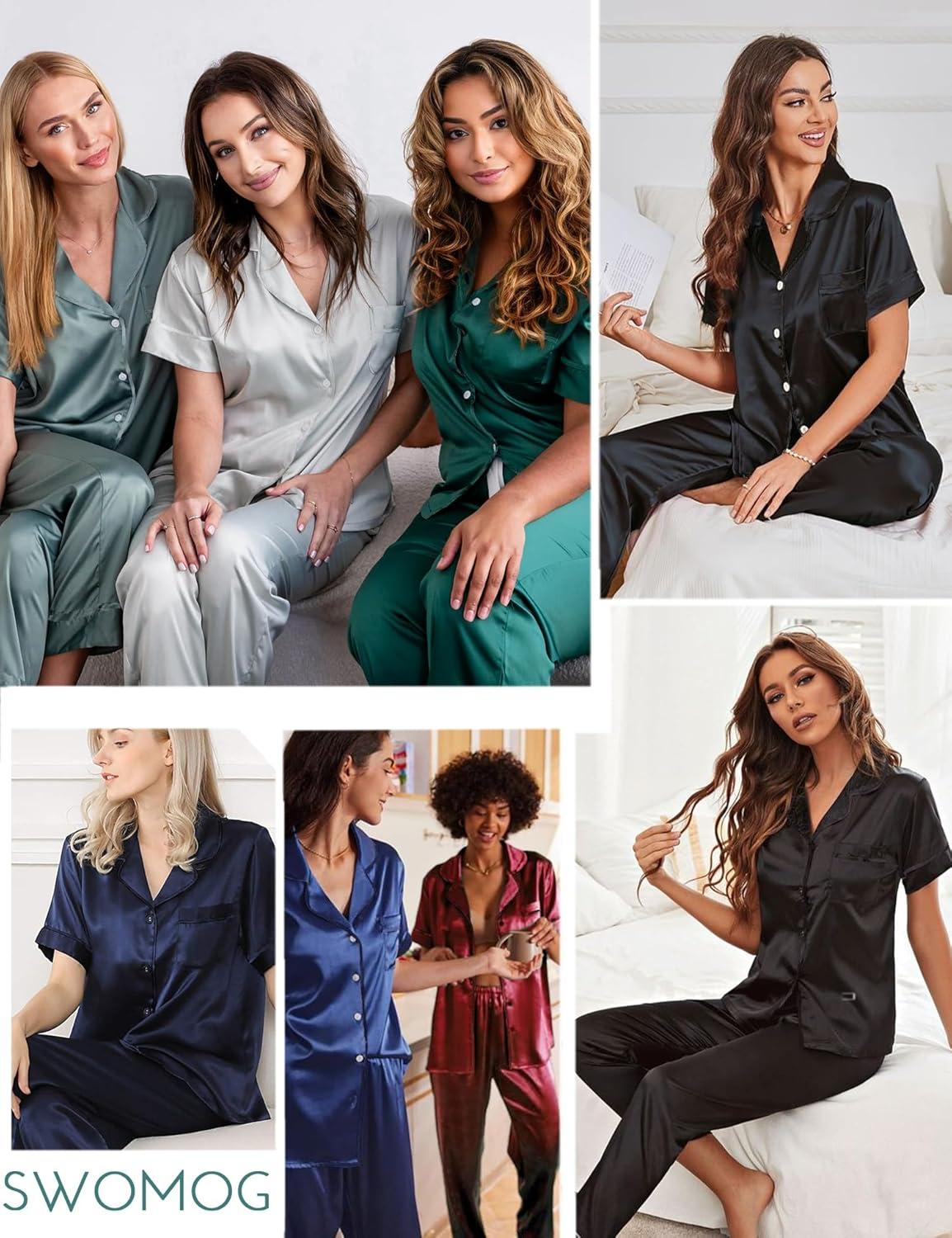 imageSWOMOG Women Satin Pajamas Set Short Sleeve Top amp Pants Sleepwear Silky Button Down Nightwear 2pcs Loungewear Pjs SetZnavy Blue