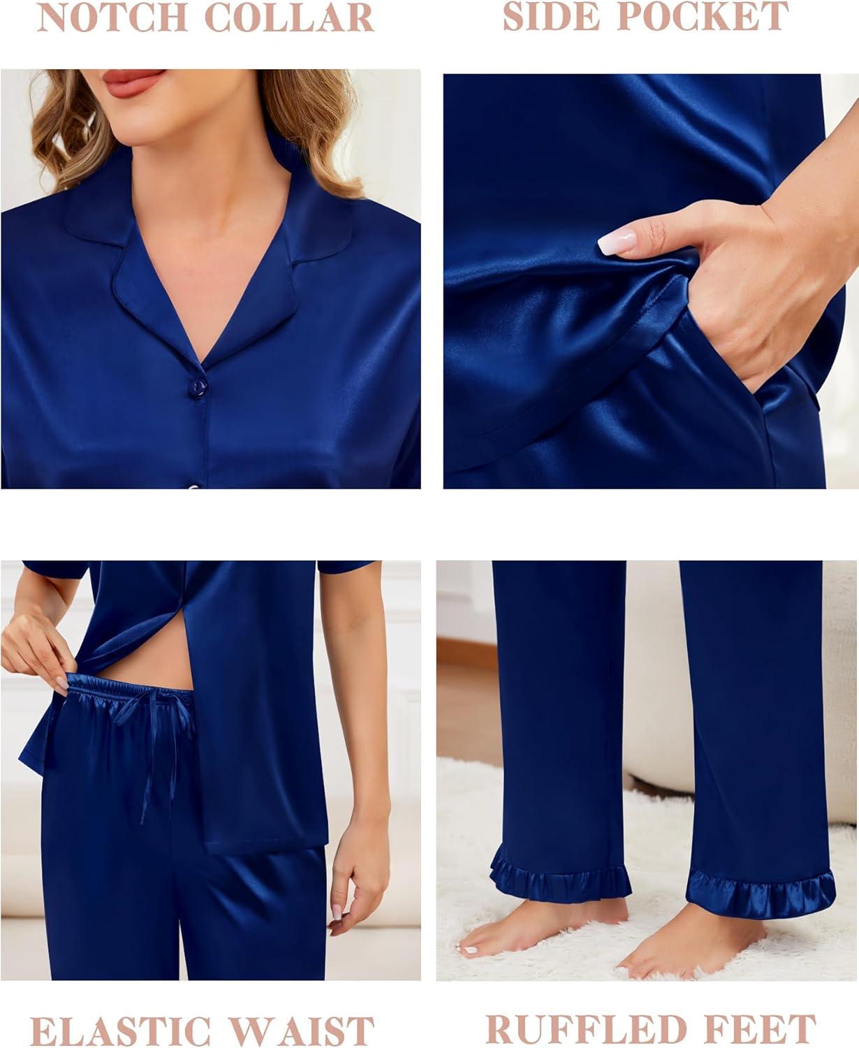 imageSWOMOG Women Satin Pajamas Set Short Sleeve Top amp Pants Sleepwear Silky Button Down Nightwear 2pcs Loungewear Pjs SetZnavy Blue