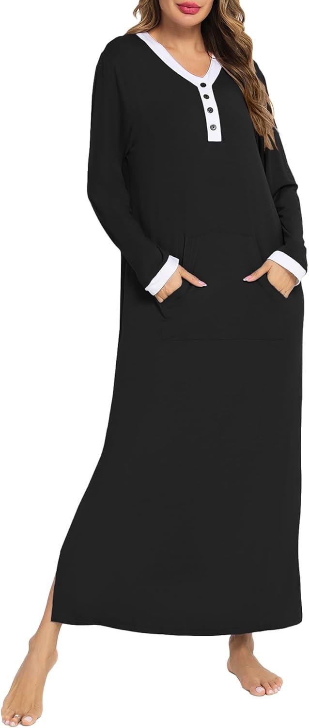 imageSWOMOG Womens Nightgown Long Sleeve Sleep Shirts Oversized Sleep Dress Long Soft Housecoat With PocketsBlack