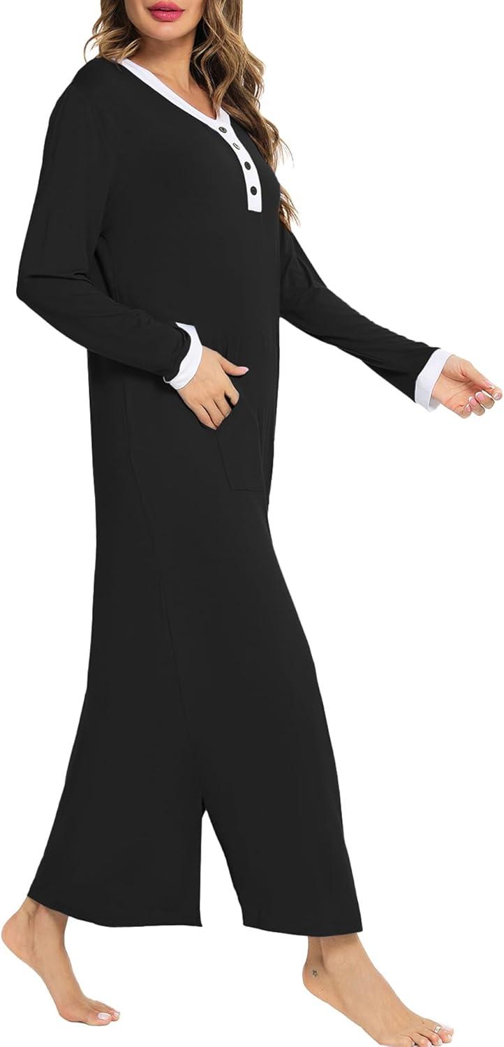 imageSWOMOG Womens Nightgown Long Sleeve Sleep Shirts Oversized Sleep Dress Long Soft Housecoat With PocketsBlack