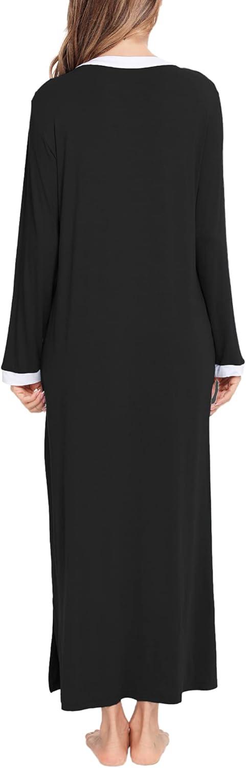 imageSWOMOG Womens Nightgown Long Sleeve Sleep Shirts Oversized Sleep Dress Long Soft Housecoat With PocketsBlack