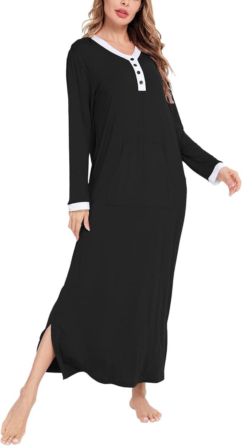 imageSWOMOG Womens Nightgown Long Sleeve Sleep Shirts Oversized Sleep Dress Long Soft Housecoat With PocketsBlack