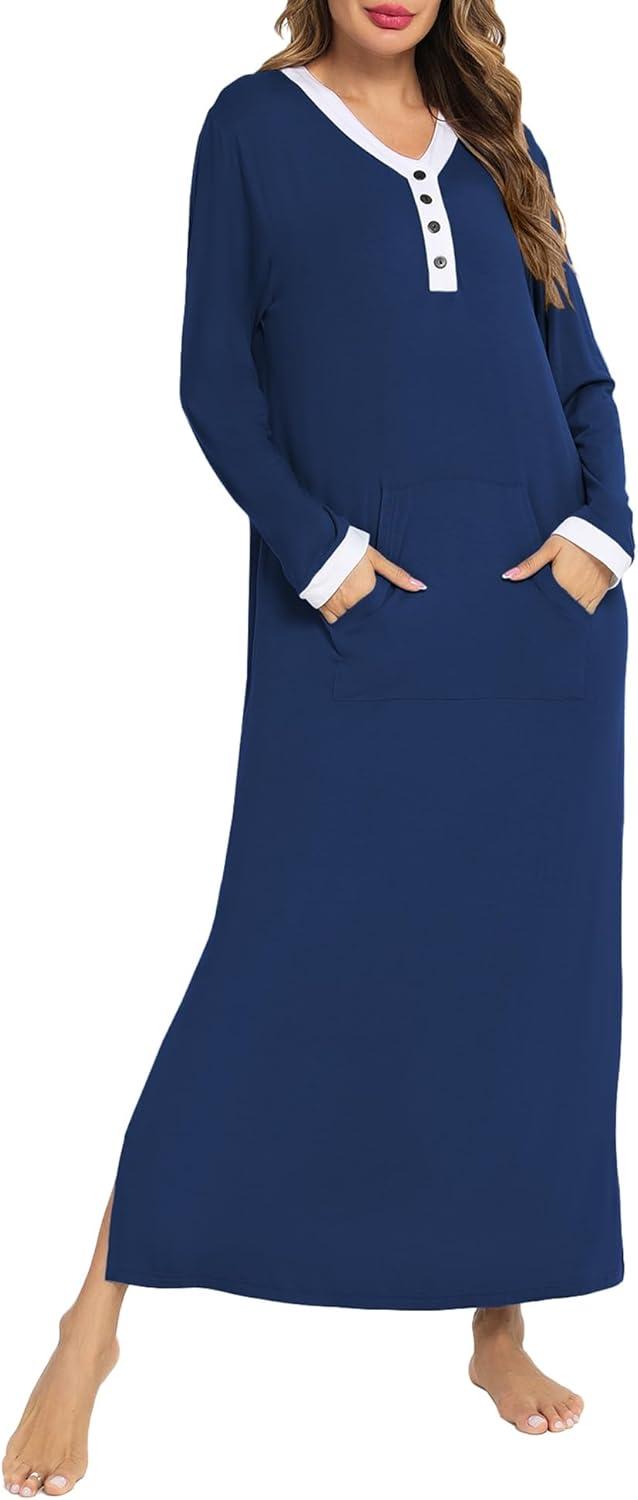 imageSWOMOG Womens Nightgown Long Sleeve Sleep Shirts Oversized Sleep Dress Long Soft Housecoat With PocketsNavy Blue