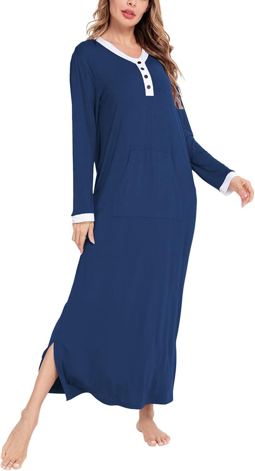 imageSWOMOG Womens Nightgown Long Sleeve Sleep Shirts Oversized Sleep Dress Long Soft Housecoat With PocketsNavy Blue