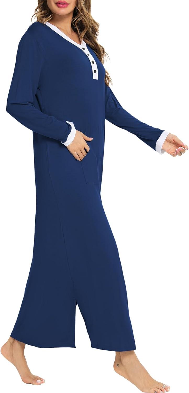 imageSWOMOG Womens Nightgown Long Sleeve Sleep Shirts Oversized Sleep Dress Long Soft Housecoat With PocketsNavy Blue