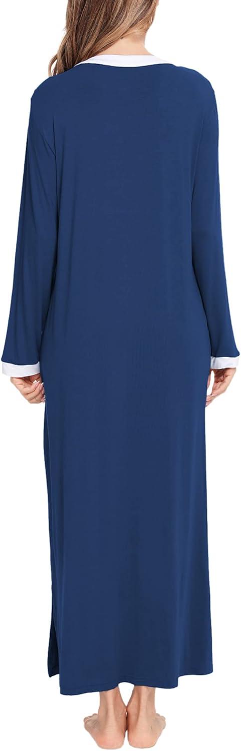 imageSWOMOG Womens Nightgown Long Sleeve Sleep Shirts Oversized Sleep Dress Long Soft Housecoat With PocketsNavy Blue