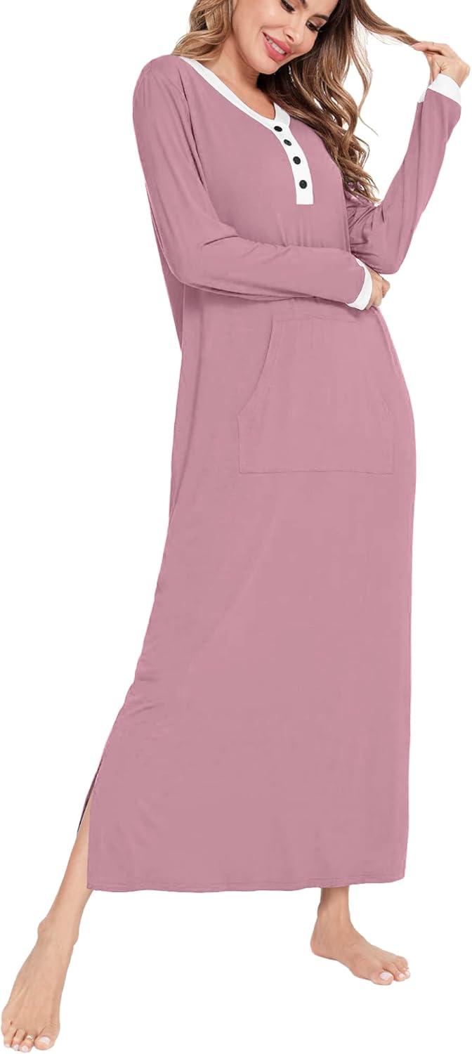 imageSWOMOG Womens Nightgown Long Sleeve Sleep Shirts Oversized Sleep Dress Long Soft Housecoat With PocketsTaro Purple