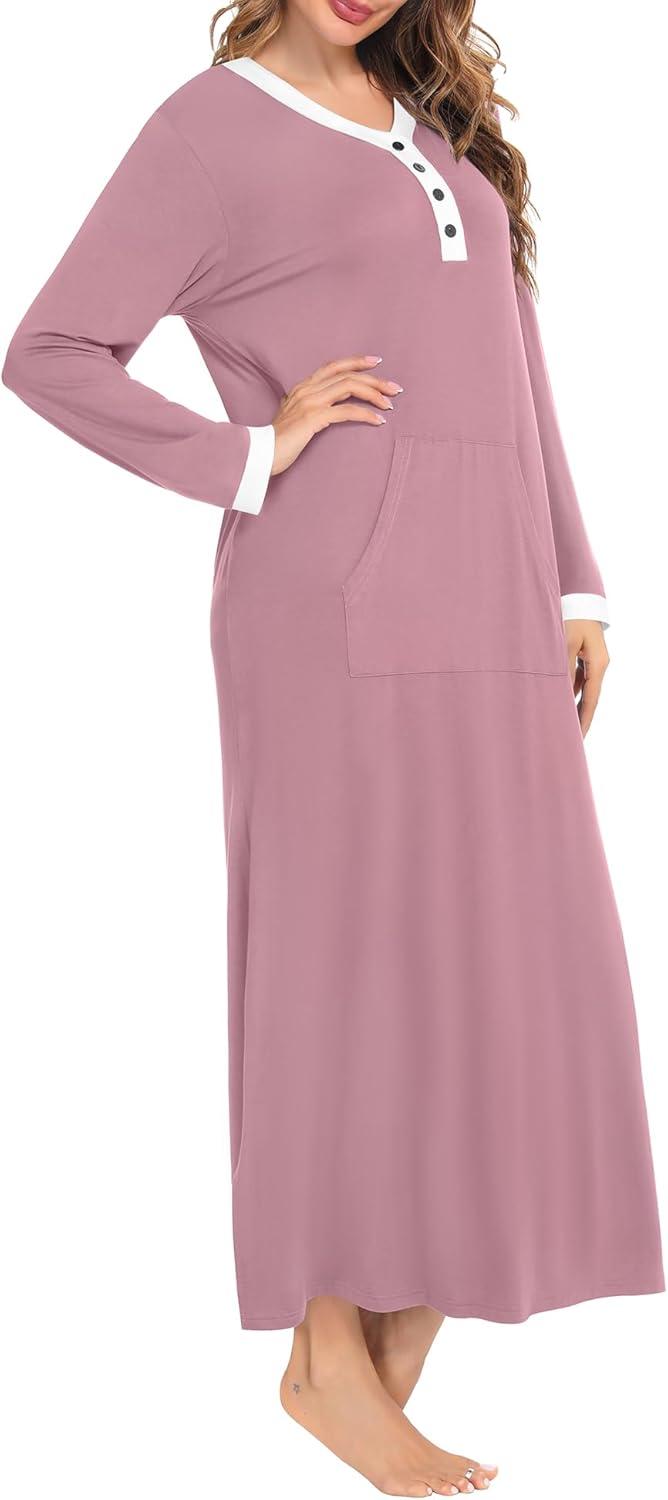 imageSWOMOG Womens Nightgown Long Sleeve Sleep Shirts Oversized Sleep Dress Long Soft Housecoat With PocketsTaro Purple