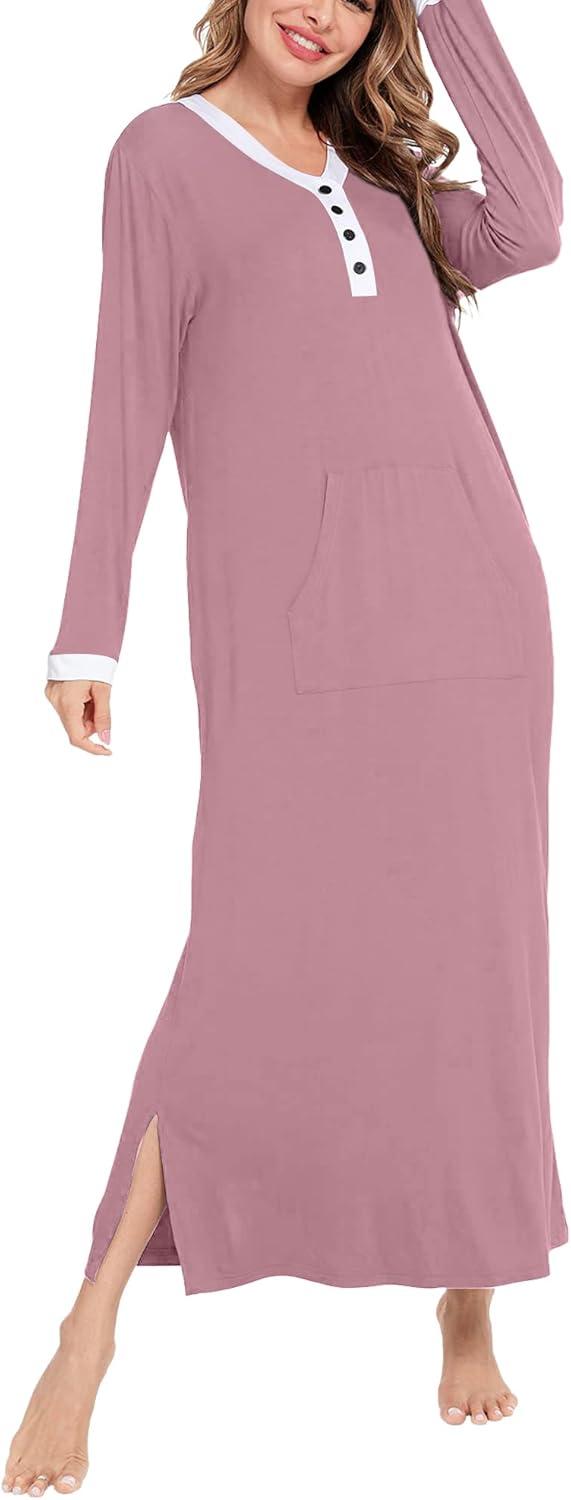 imageSWOMOG Womens Nightgown Long Sleeve Sleep Shirts Oversized Sleep Dress Long Soft Housecoat With PocketsTaro Purple