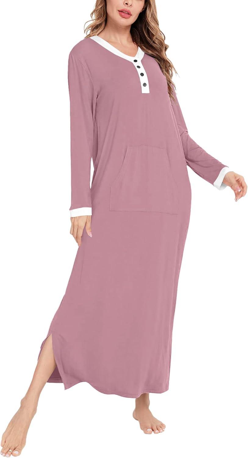 imageSWOMOG Womens Nightgown Long Sleeve Sleep Shirts Oversized Sleep Dress Long Soft Housecoat With PocketsTaro Purple