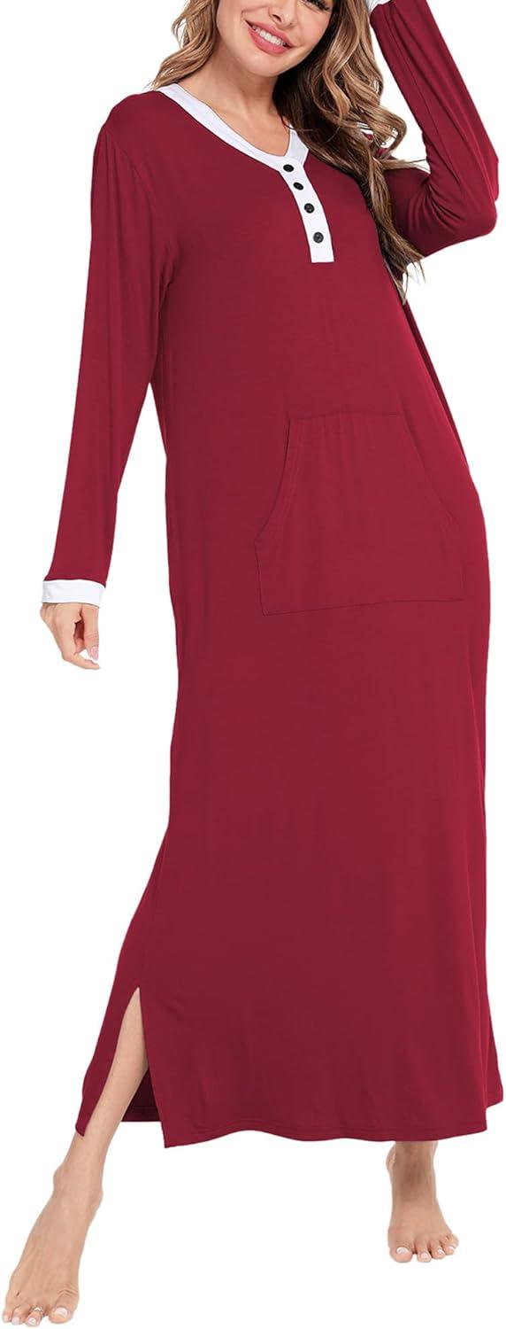 imageSWOMOG Womens Nightgown Long Sleeve Sleep Shirts Oversized Sleep Dress Long Soft Housecoat With PocketsWine Red