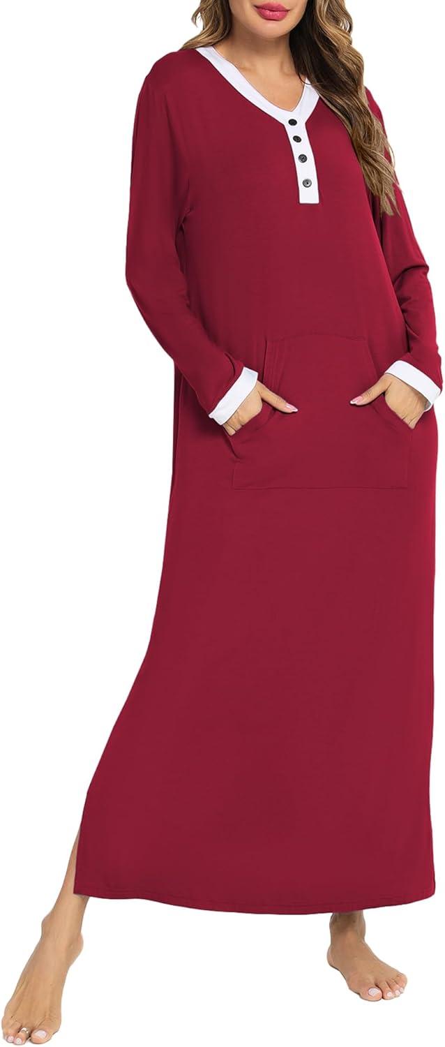 imageSWOMOG Womens Nightgown Long Sleeve Sleep Shirts Oversized Sleep Dress Long Soft Housecoat With PocketsWine Red