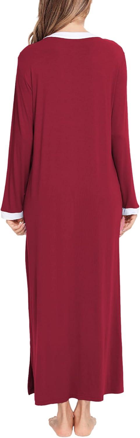 imageSWOMOG Womens Nightgown Long Sleeve Sleep Shirts Oversized Sleep Dress Long Soft Housecoat With PocketsWine Red