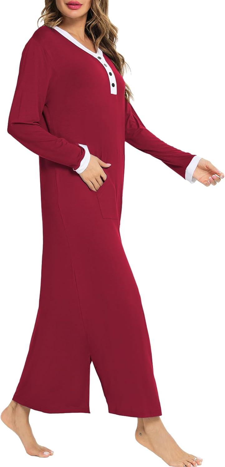 imageSWOMOG Womens Nightgown Long Sleeve Sleep Shirts Oversized Sleep Dress Long Soft Housecoat With PocketsWine Red