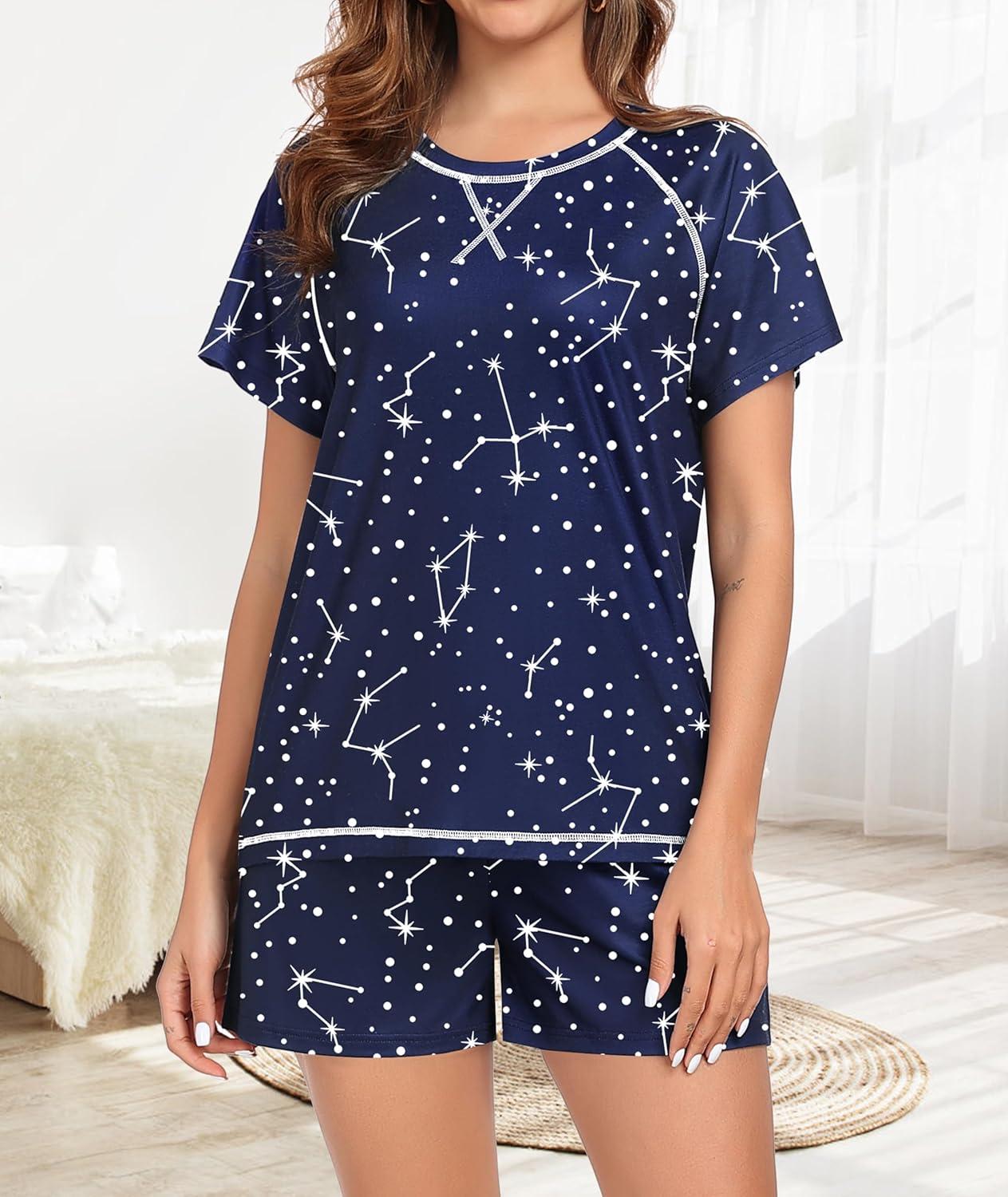 imageSWOMOG Womens Pajama Sets 2 Piece Lounge Set Short Sleeve Tops and Shorts Soft Sleepwear Cute Floral amp Plaid Print PJsNavy Blue Sky