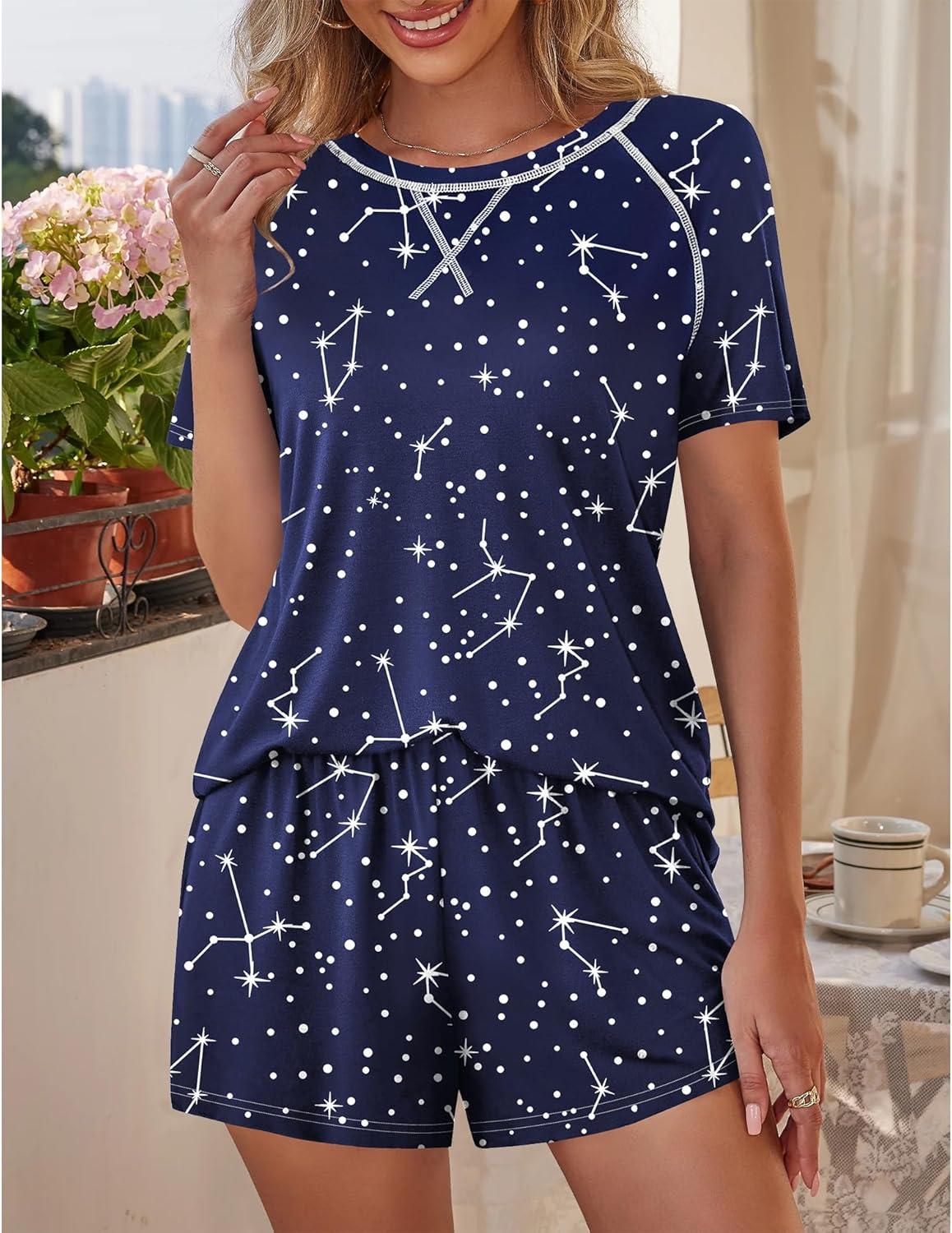imageSWOMOG Womens Pajama Sets 2 Piece Lounge Set Short Sleeve Tops and Shorts Soft Sleepwear Cute Floral amp Plaid Print PJsNavy Blue Sky