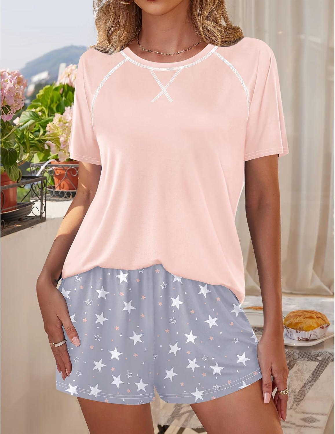 imageSWOMOG Womens Pajama Sets 2 Piece Lounge Set Short Sleeve Tops and Shorts Soft Sleepwear Cute Floral amp Plaid Print PJsPink Grey Star