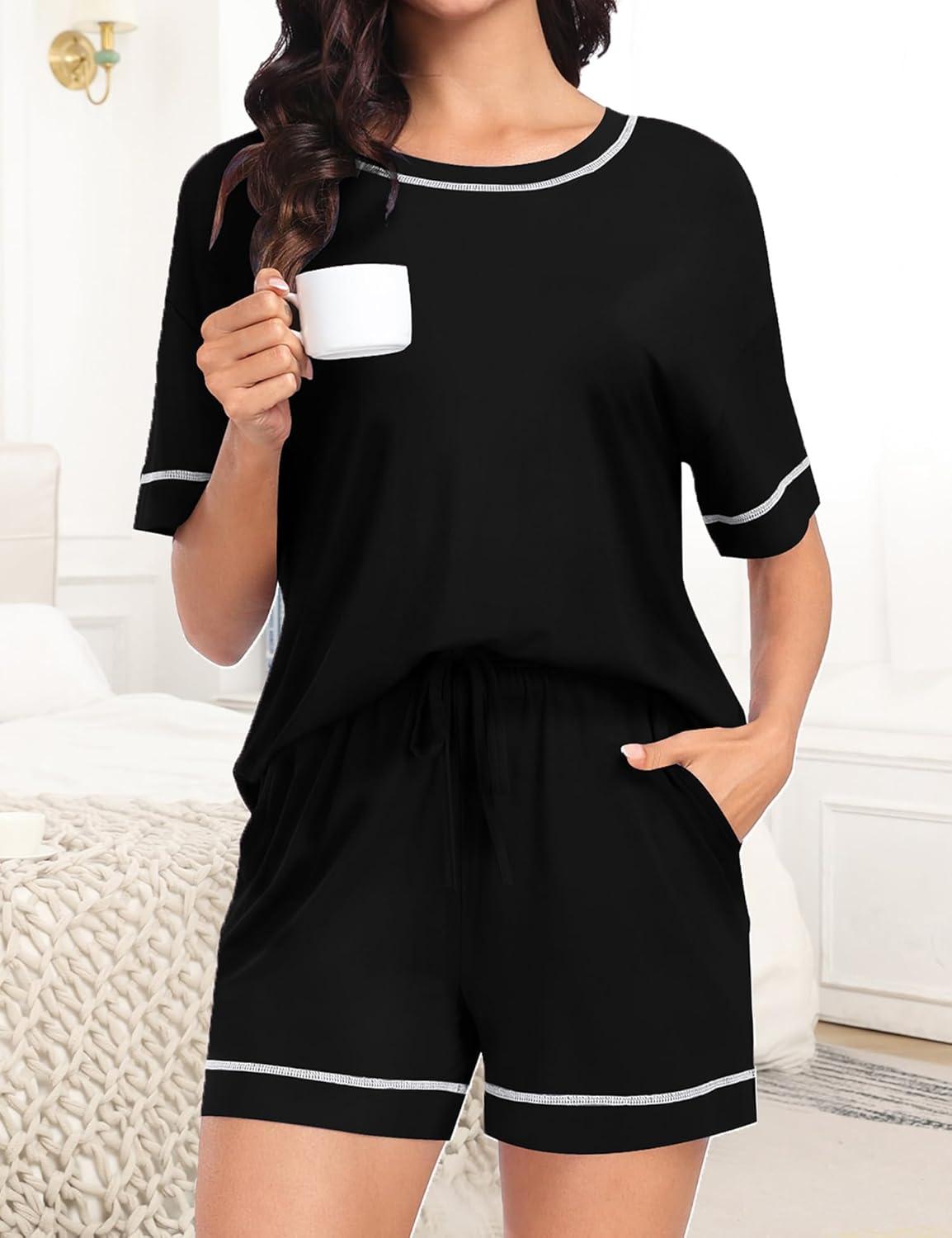 imageSWOMOG Womens Pajama Sets 2 Piece Short Sleeve Sleepwear Sets Soft Top and Shorts Pjs Lounge Sets with Pockets SXXLBlack
