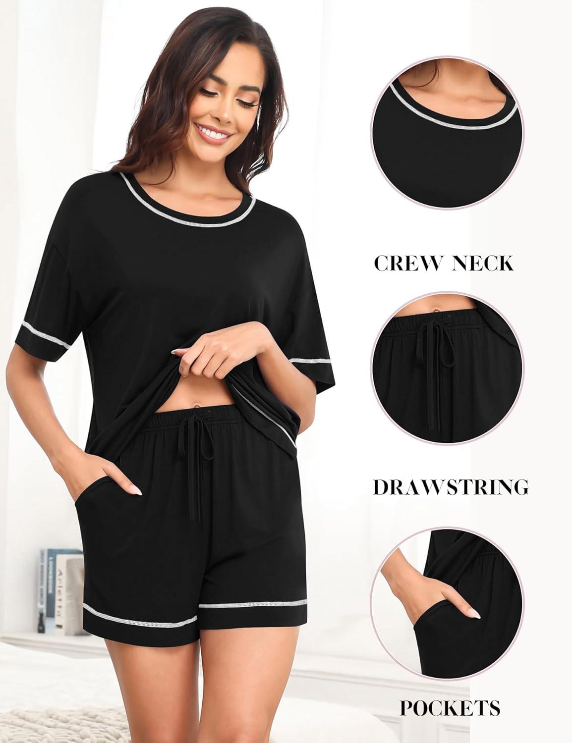 imageSWOMOG Womens Pajama Sets 2 Piece Short Sleeve Sleepwear Sets Soft Top and Shorts Pjs Lounge Sets with Pockets SXXLBlack