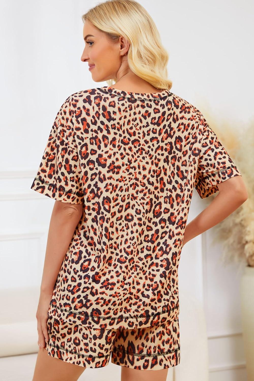 imageSWOMOG Womens Pajama Sets 2 Piece Short Sleeve Sleepwear Sets Soft Top and Shorts Pjs Lounge Sets with Pockets SXXLLeopard
