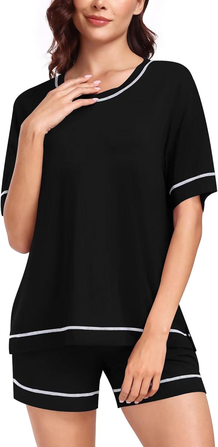 imageSWOMOG Womens Pajama Sets 2 Piece Short Sleeve Sleepwear Sets Soft Top and Shorts Pjs Lounge Sets with Pockets SXXLModalblack
