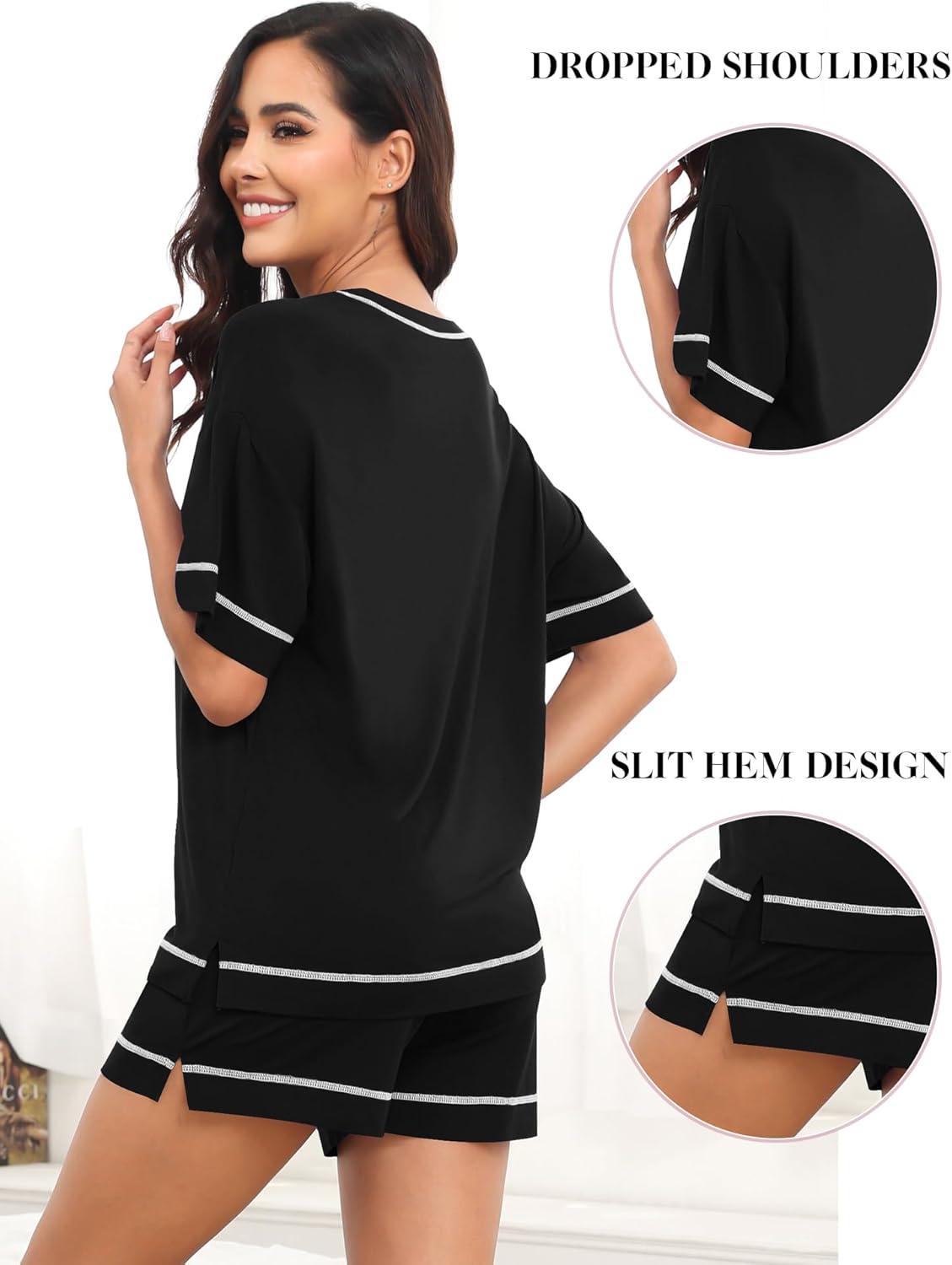 imageSWOMOG Womens Pajama Sets 2 Piece Short Sleeve Sleepwear Sets Soft Top and Shorts Pjs Lounge Sets with Pockets SXXLModalblack