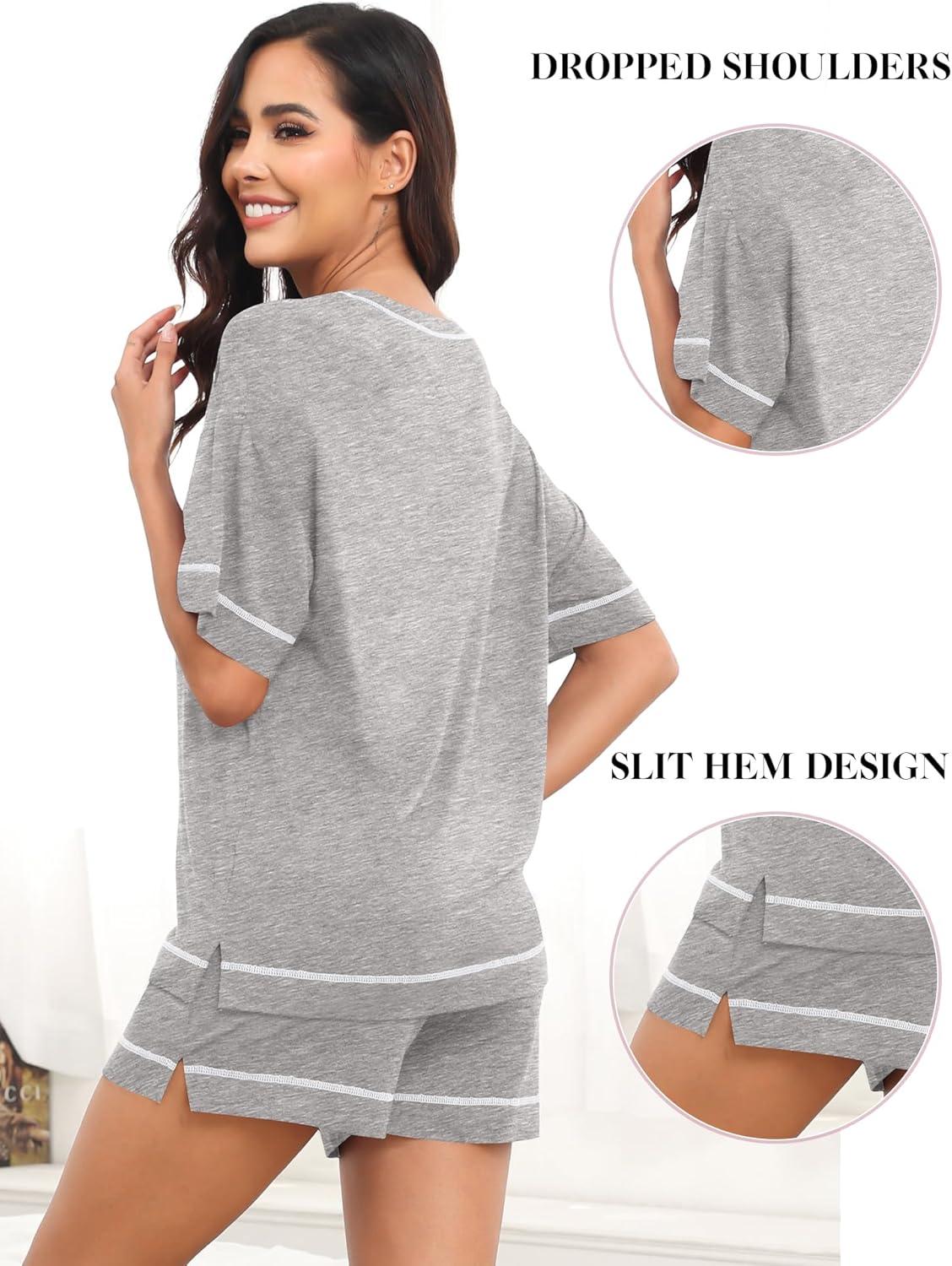 imageSWOMOG Womens Pajama Sets 2 Piece Short Sleeve Sleepwear Sets Soft Top and Shorts Pjs Lounge Sets with Pockets SXXLModalgrey